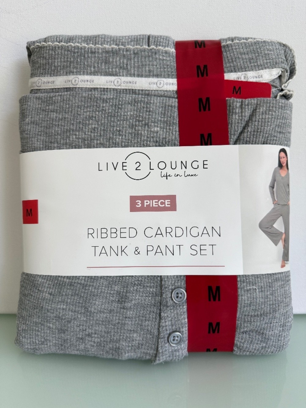 Live 2 Lounge 3 Piece Ribbed Lounge Set Gray NWT Size M Cardigan Tank Pants